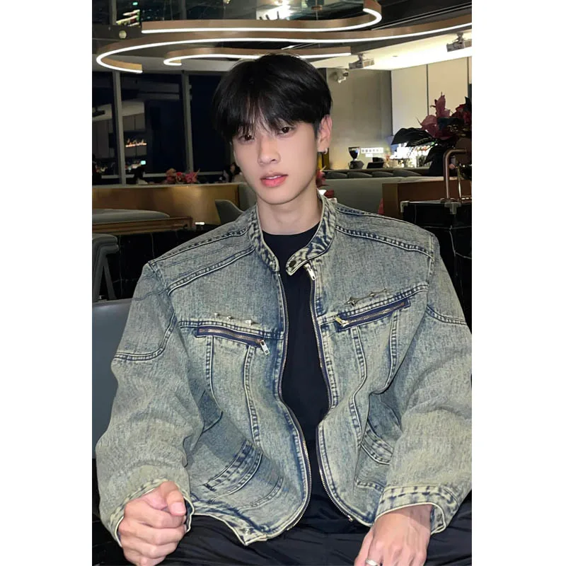 

Винтажная мужская джинсовая куртка Waed для весны и осени в американском уличном стиле с подплечниками, дизайнерская, с эффектом потертости, рабочая одежда