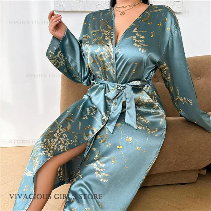 

Новое женское кимоно-халат большого размера с цветочным принтом, длинное, свободное, из шелкового атласа, для дома и сна, весна-лето