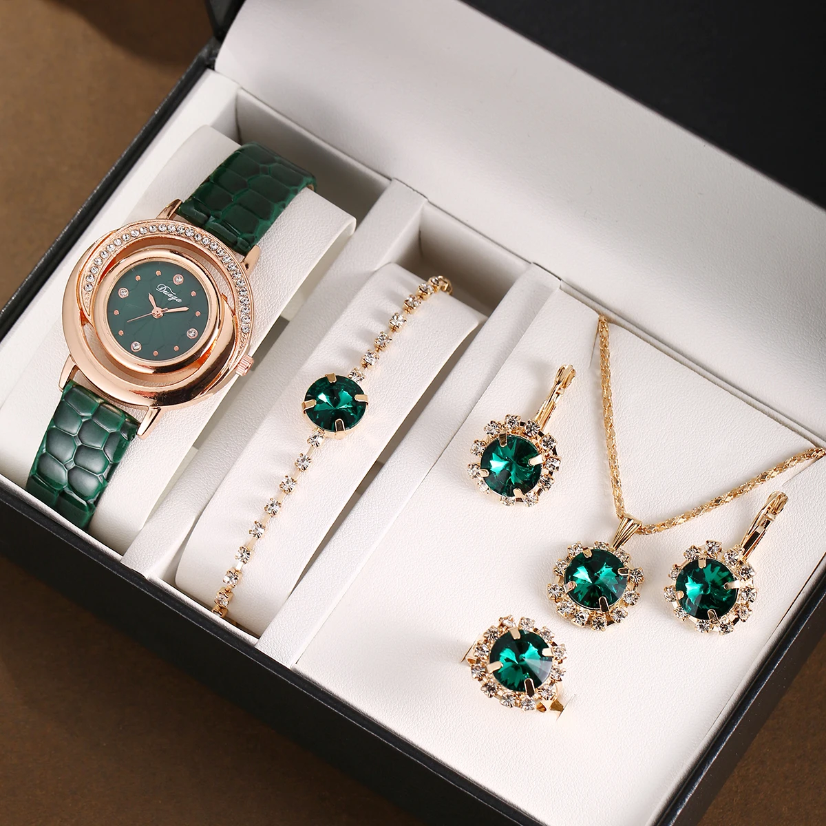 6pcs elegant green quartz watch set with leather watch, alloy case, pointer dial, electronic core, simple and versatile