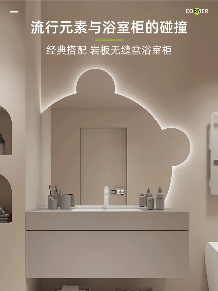 Bathroom cabinet, rock plate, integrated seamless ceramic basin, small bear mirror, toilet washstand, washbasin and cabinet