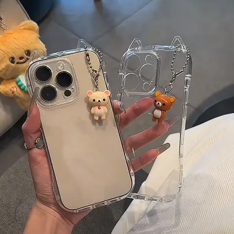 Cute 3D Ears Clear Case For iPhone 17 16 15 14 13 12 11 Pro Max 8 7 Plus SE 17promax Cartoon Rilakkuma Pendant TPU Cover Shell