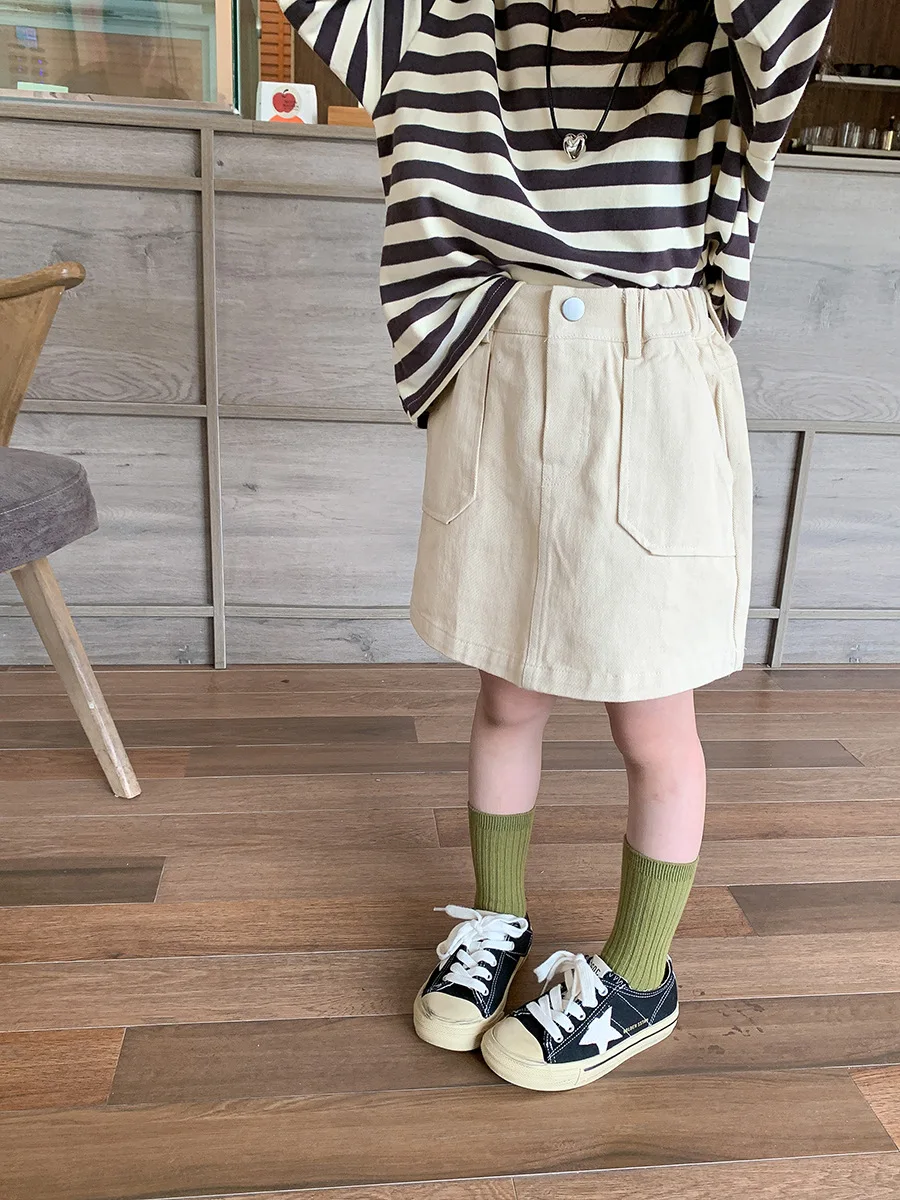 Baby Girls Skirt Autumn Children\'s Solid Versatile Half Skirt Girl Twill Cotton Pocket Work Dress Casual Versatile Short Skirt