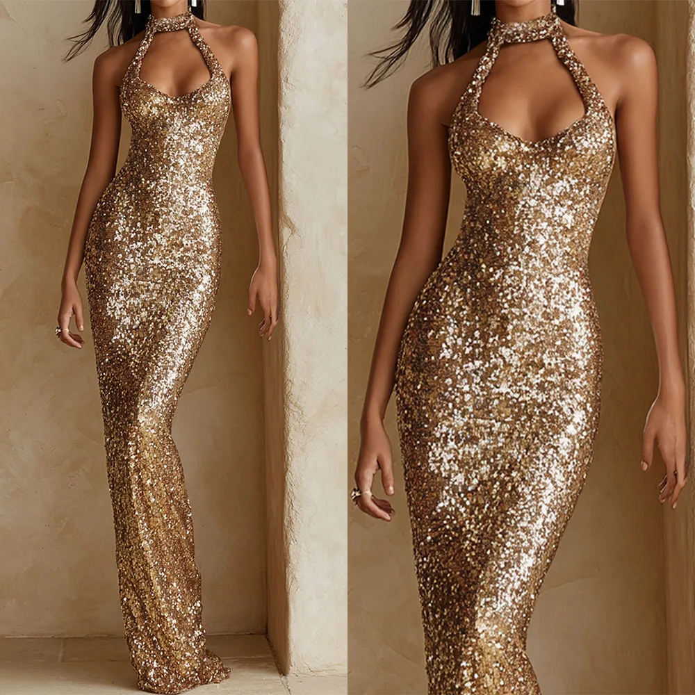 

High Quality Customized Halter Floor Length Sequins Sleeveless Woman Luxury Evening Dress فساتين حفلات التخرج Vestidos De Gala