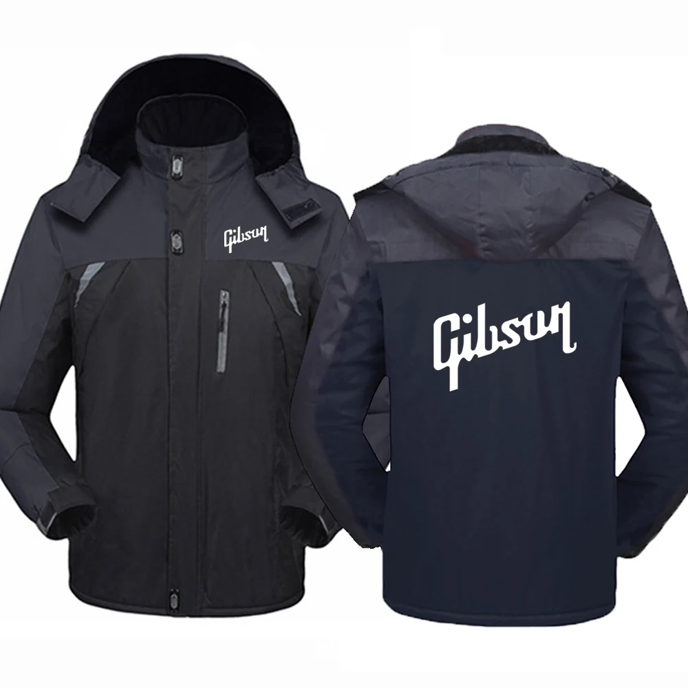 2024 Autumn Winter Gibson Logo Print Casual Zipper Splicing Hooded Coat Men's Cold Prevention Warm Thick Mountaineering Clothing