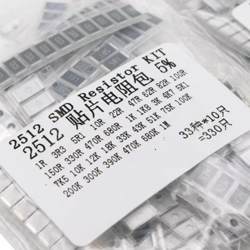 

33ValuesX 10pcs=330PCS 2512 SMD Resistor Kit Assorted Kit 1ohm-1M 1R 1K 3K 22K 47K 680K 390K Ohm 5% DIY Kit