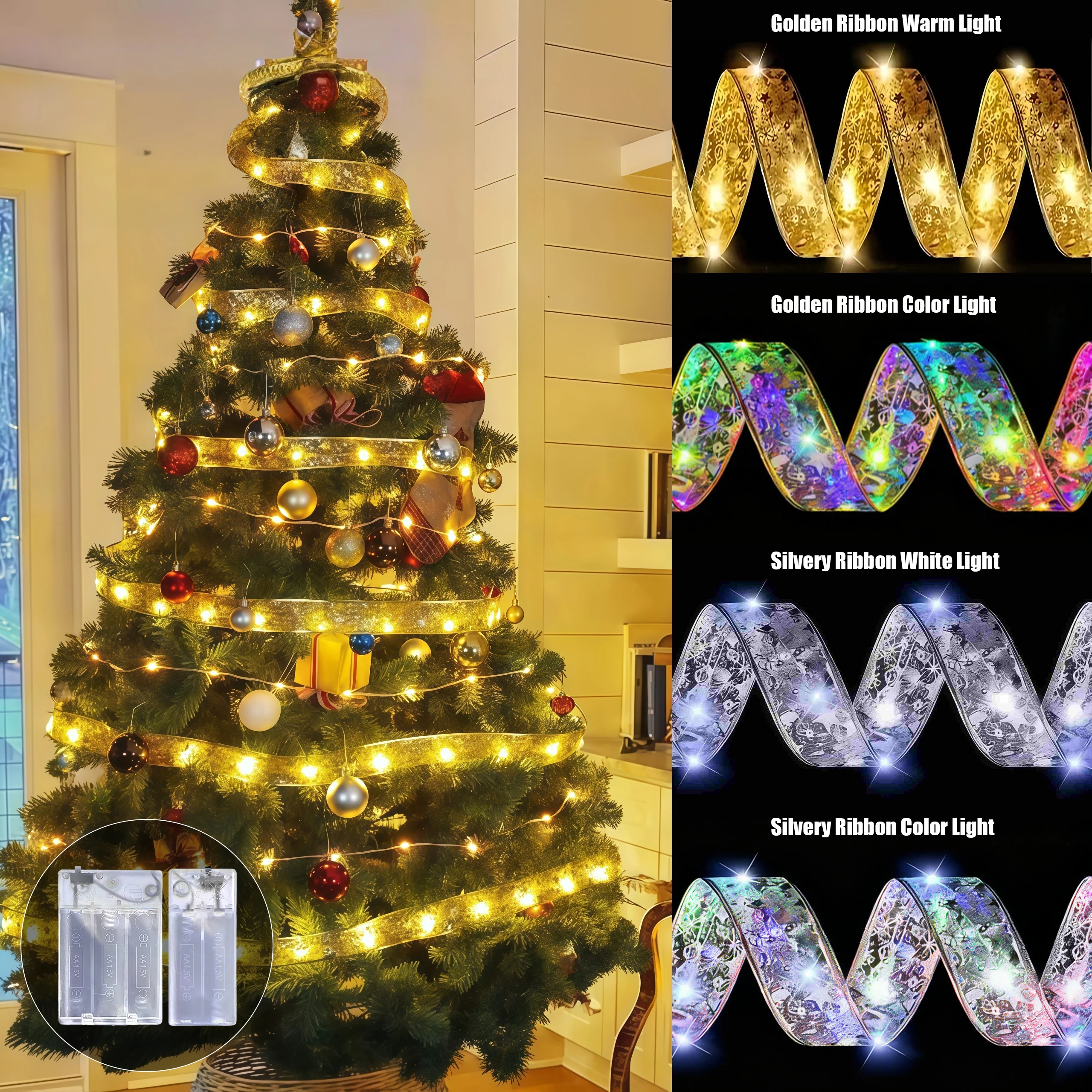 Battery Box Ribbon String Lights Gold Silver Ribbon Tape Light Warm White Colorful LED Decoration for Indoor Festival Decor