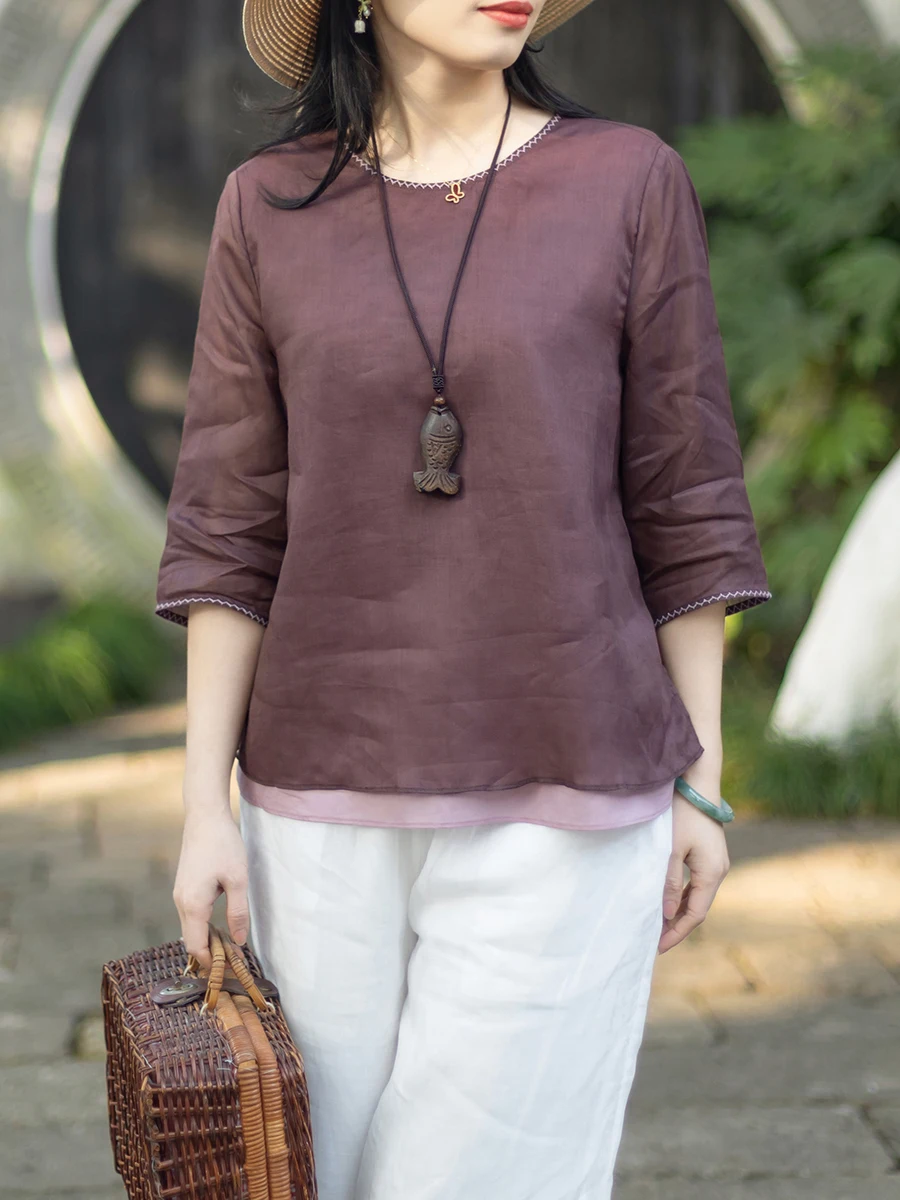 

Breathable Women's round Neck Shirt Jiangnan Style Casual Loose Fit Cotton Seven Quarter Sleeve Ultra Light Moisture W...