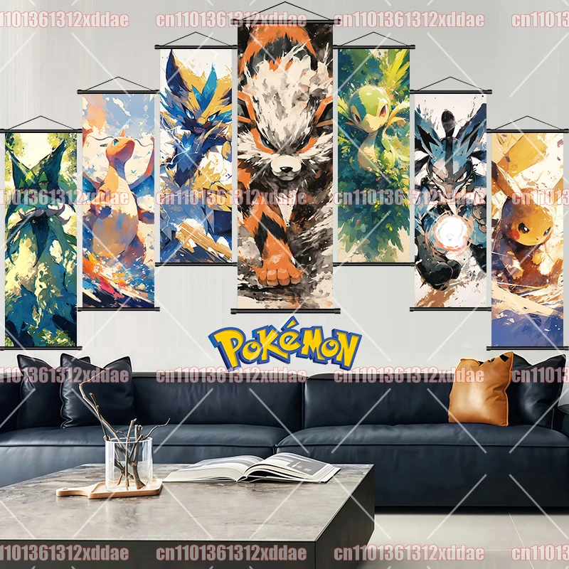 

Pokémon Classic Character Scroll Painting Bulbasaur Charizard Squirtle Anime Poster Study Wall Decoration Collection Mural Gift