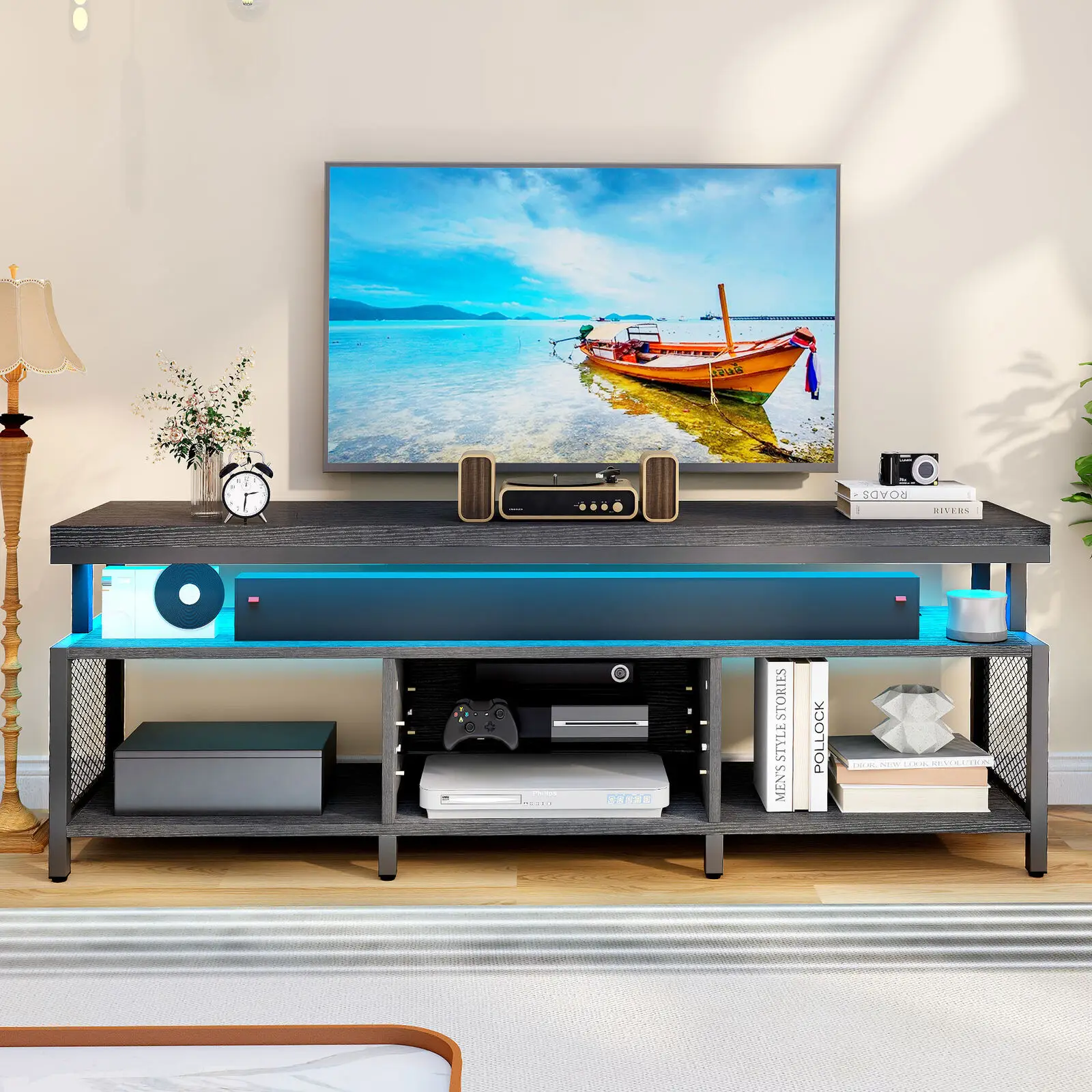 

TV Stand with Power Outlets & LED Lights Media Console For 65/70" TVs