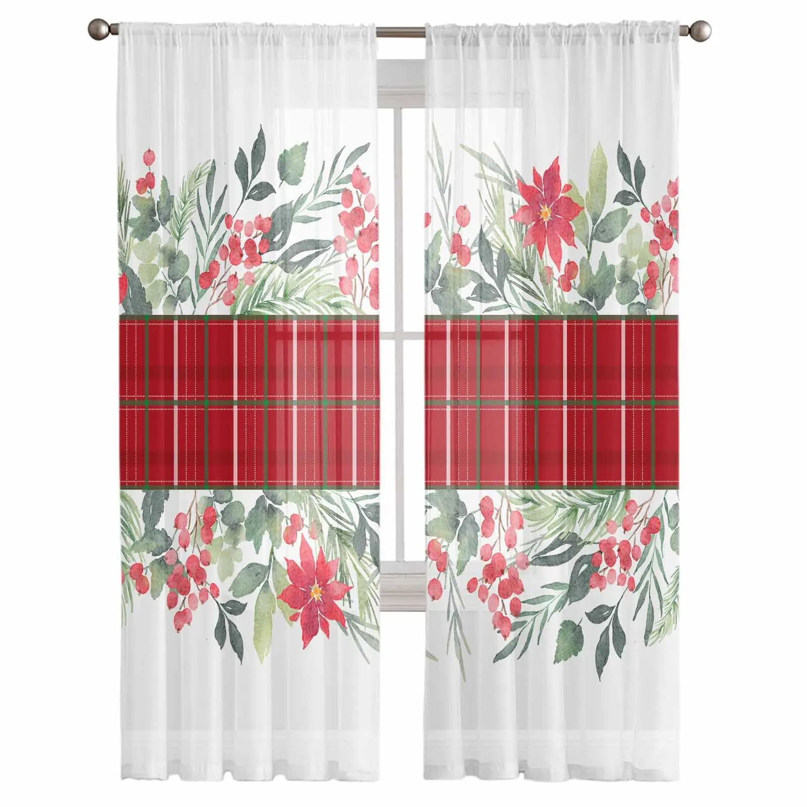 Christmas Plants Leaves Berries Flowers Sheer Curtains For Living Room Modern Valance Curtains For Kitchen Tulle Curtains