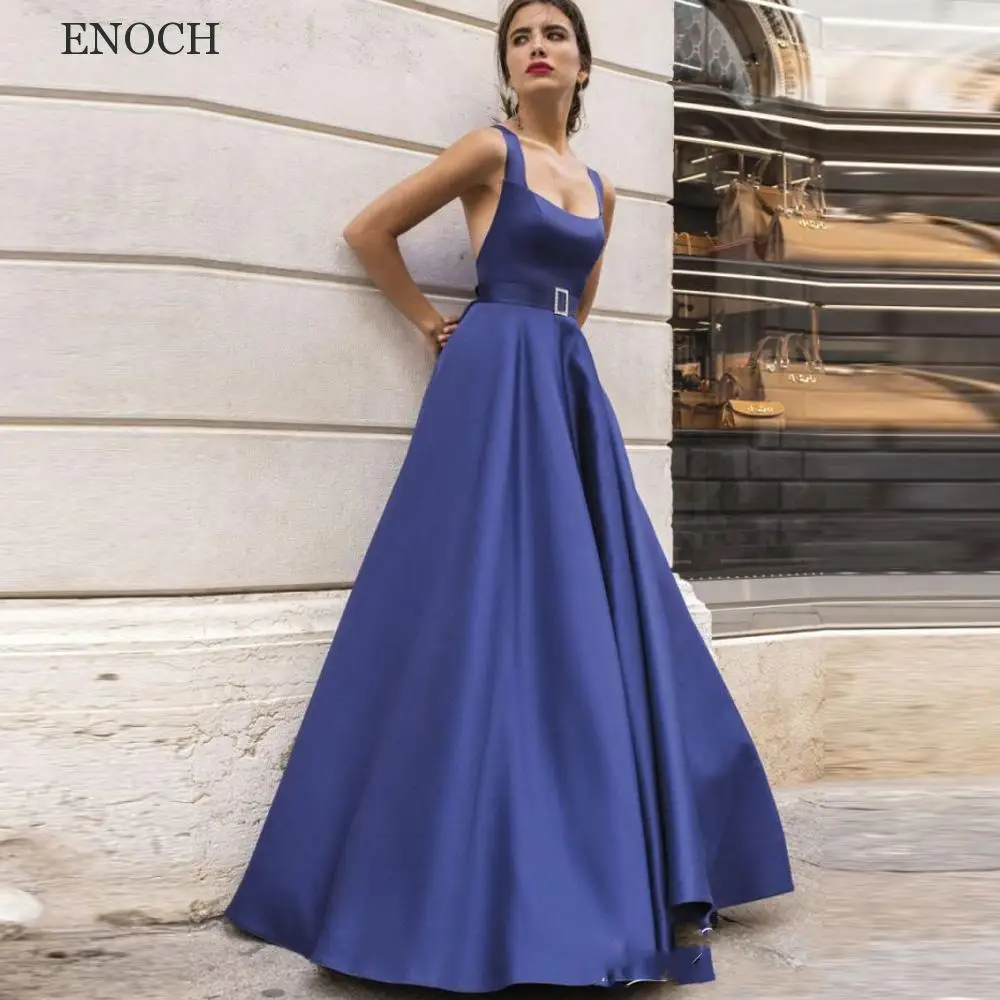 ENOCH Square Collar A-Line Prom Dresses With Belt Simple Sleeveless Backless Satin Party Gown Criss-Cross Robes De Soirée New