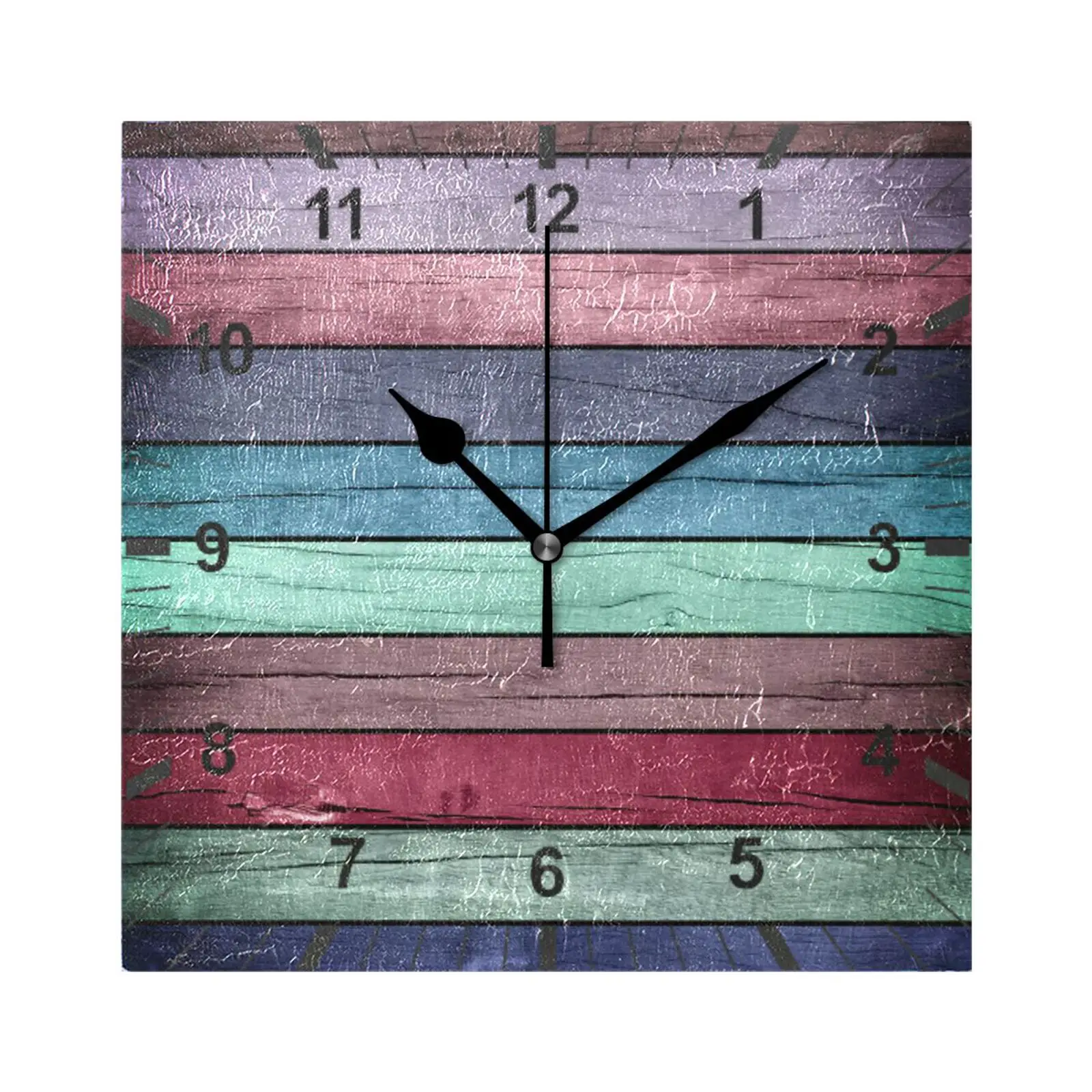 Vintage Colorful Wooden Print Square Wall Clock Silent Non-Ticking Hanging Watch Home Decor Battery Operated Quiet Desk Clock