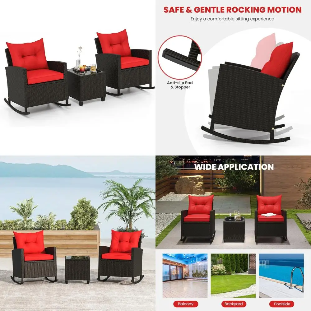 

3 Pieces Patio Rattan Rocking Bistro Set, PE Wicker Rocking Chairs with Tempered Glass Table, Rocking Furniture Set with Cushio