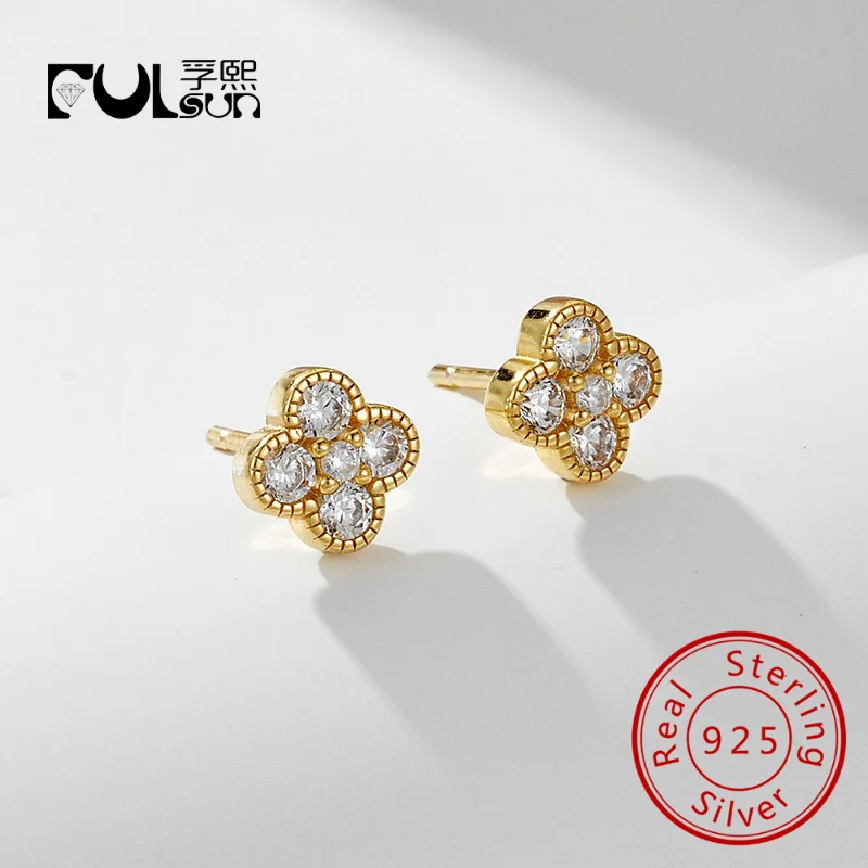 

Four Leaf Clover stud earrings 925 Sterling silver 14k gold plated earrings Delicate Cubic Zirconia jewelry Fashion for Women