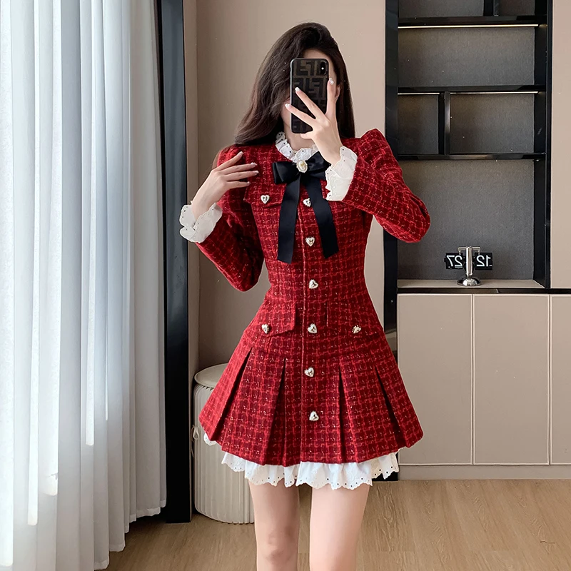 2024 New Years Christmas Light Luxury Tweed Pleated Dress Korean Sweet Long Sleeve Vestido Femininos French Vintage Dresses