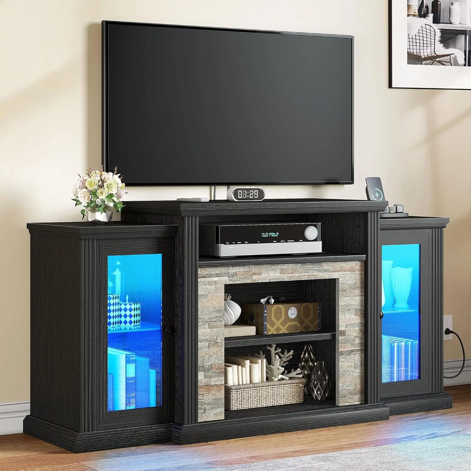 

Modern TV Stand for up to 65 Inch TVs, Entertainment Center with LED Lights and Power Outlets, Farmhouse TV Cabinet Media