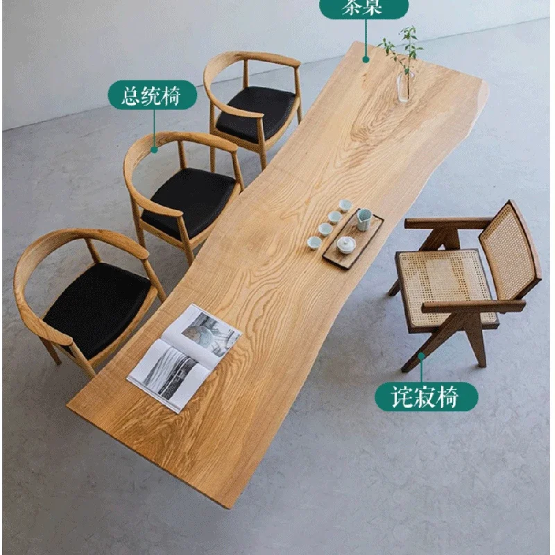 Wabi-sabi Solid Wood Suspended Tea Table Acrylic Legs Irregular Large Board Log Table and Chair Custom Furniture 120-240cm