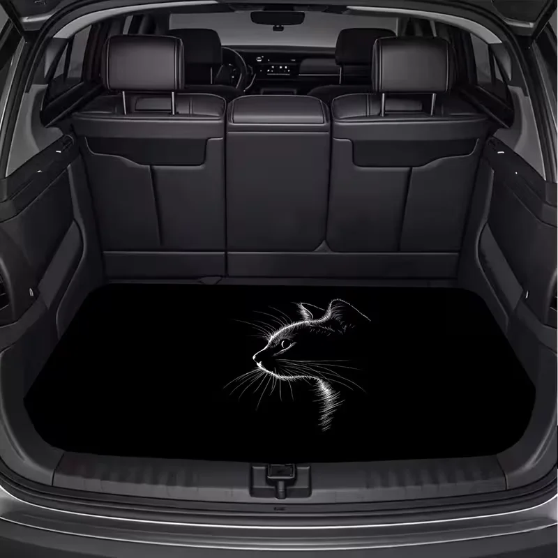 1 Piece, Mysterious Black Background with White Line Drawing of a Cat Style Polyester Fiber Car Trunk Mat, Simple Line Print Pattern, a Must-Have for Travel, Suitable for Various Car Models, Car Interior Decoration, Enhances the Atmosphere in the Car, Keeps Your Trunk Tidy and Dry, Ideal for Outdoor Camping, Long-Distance Road Trips, Daily Commuting, and a Perfect Gift for Pet Lovers and Christmas