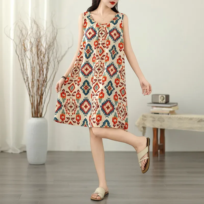 韓国版 レディース 夏用 ルーズ サスペンダー ドレス レディース Aライン ドレス ノースリーブ ドレス レディース コットンとリネン トップス 女性