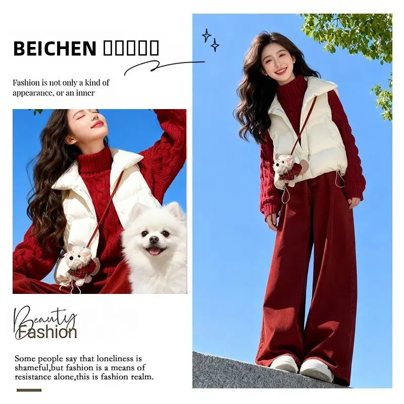 

plus Size Winter Women's Red Sweater Wide Leg Pants Three Piece Set College Style Cotton Vest Casual Fashion Ensemble