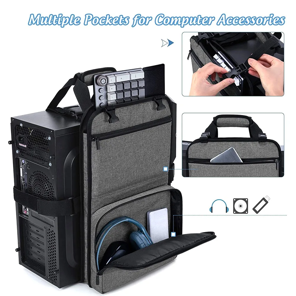 

ABJU Desktop Computer Case Belt Holder Desktop Carrying Case with Pockets for Keyboard Cable Headphone for Transporting