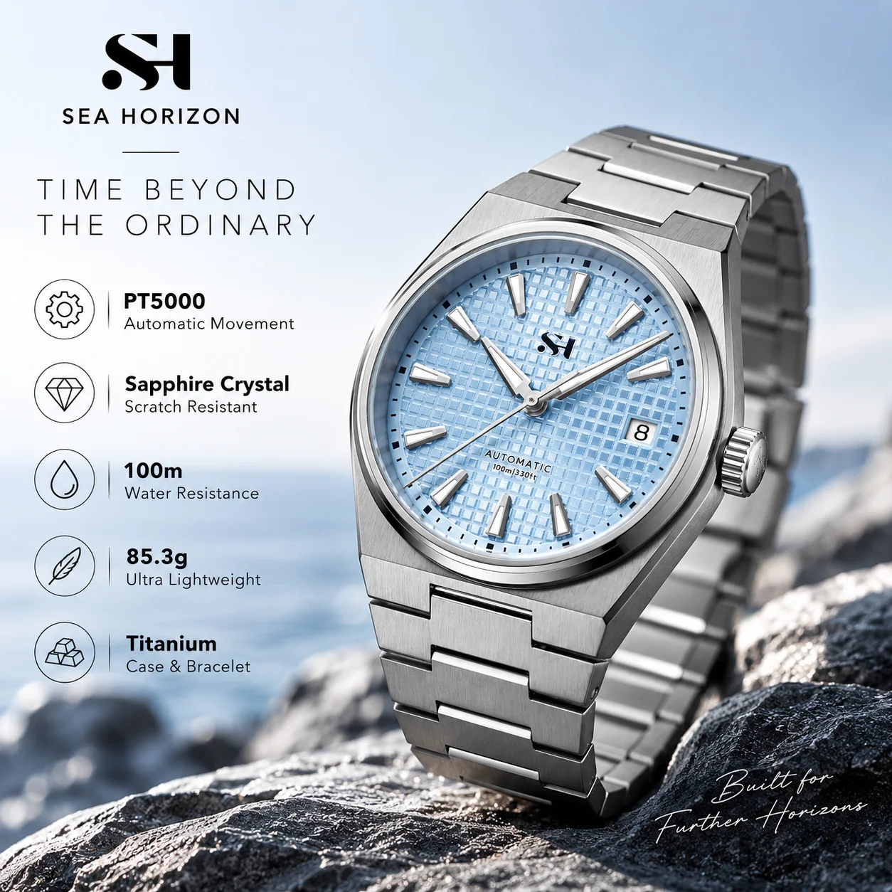 SEA HORIZON SH14 Titanium Automatic Watch Men PT5000 38mm Blue Grid Textured Dial Integrated Bracelet Sapphire Crystal 100M