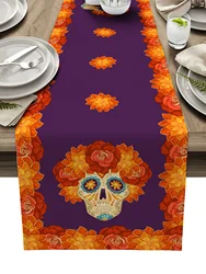 Mexican Day of The Dead Skull Flower Linen Table Runner Dresser Scarf Decor Farmhouse Kitchen Dining Table Runner Party Decor