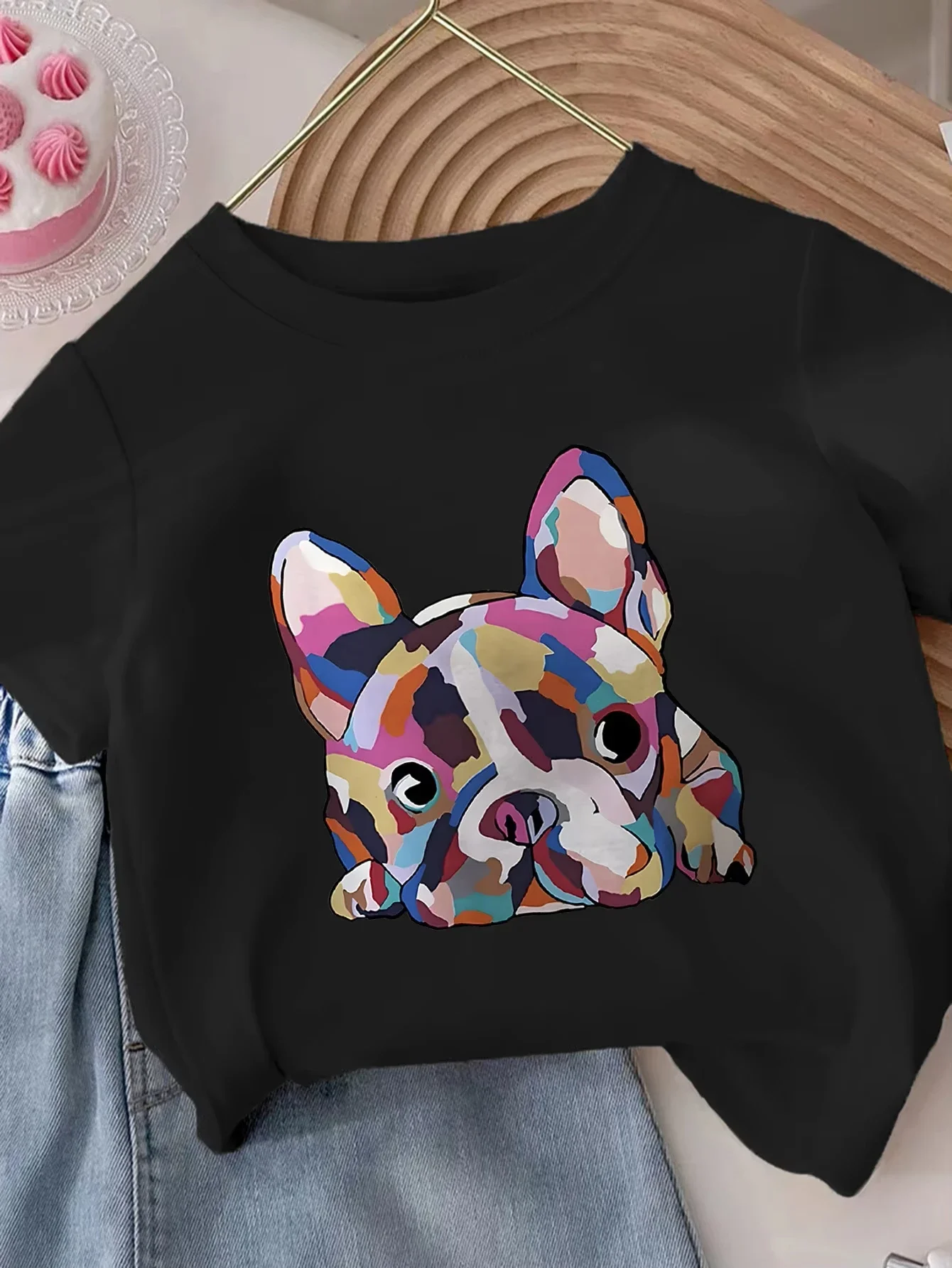 Kids Short Sleeve T Shirt Colorful French Bulldog Portrait Graphic Print Crew Neck Summer Casual Children Fashion Top