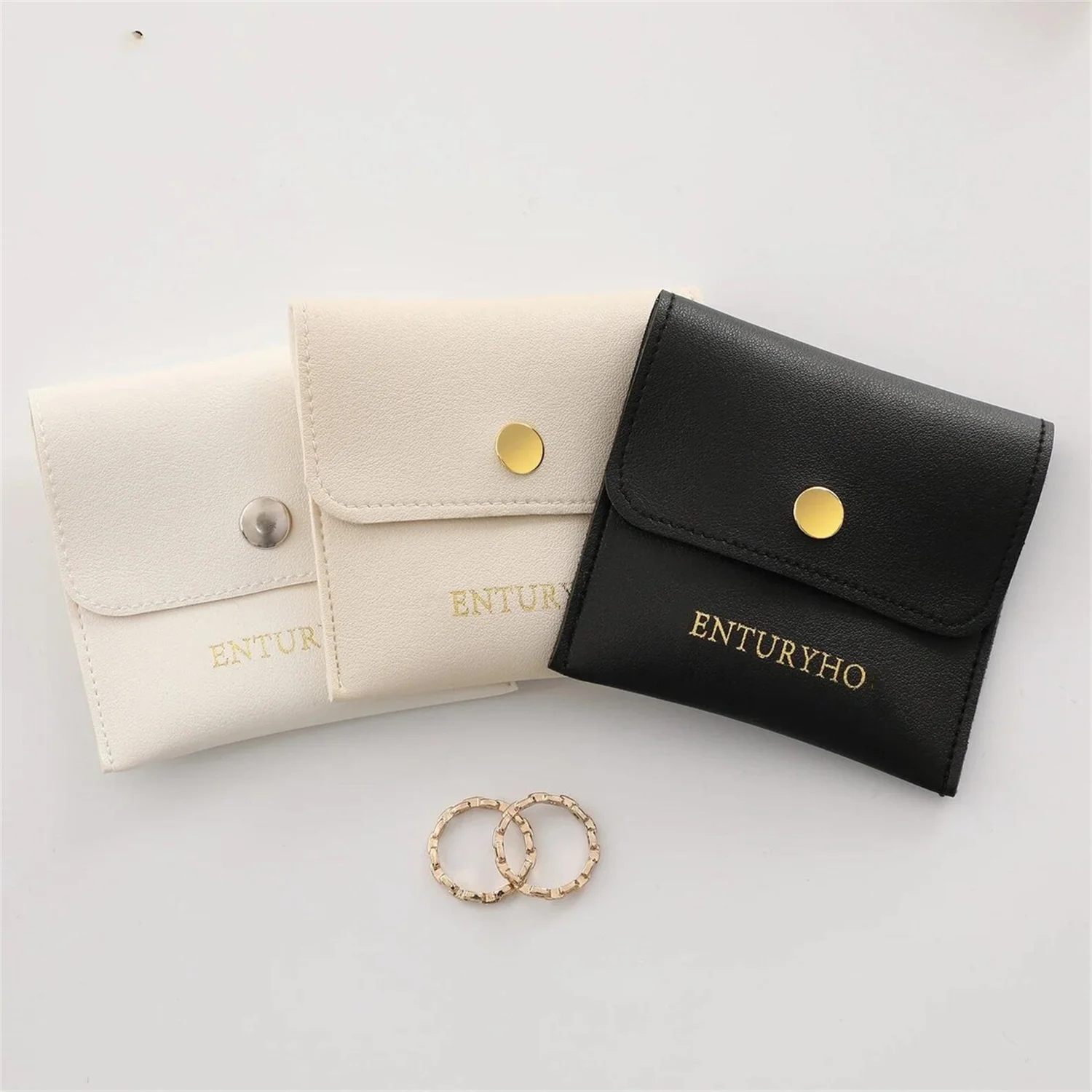

50 White bag snap Pocket Faux Leather Bag Jewelry pouch, Snap Pocket, Custom Logo PU Bag