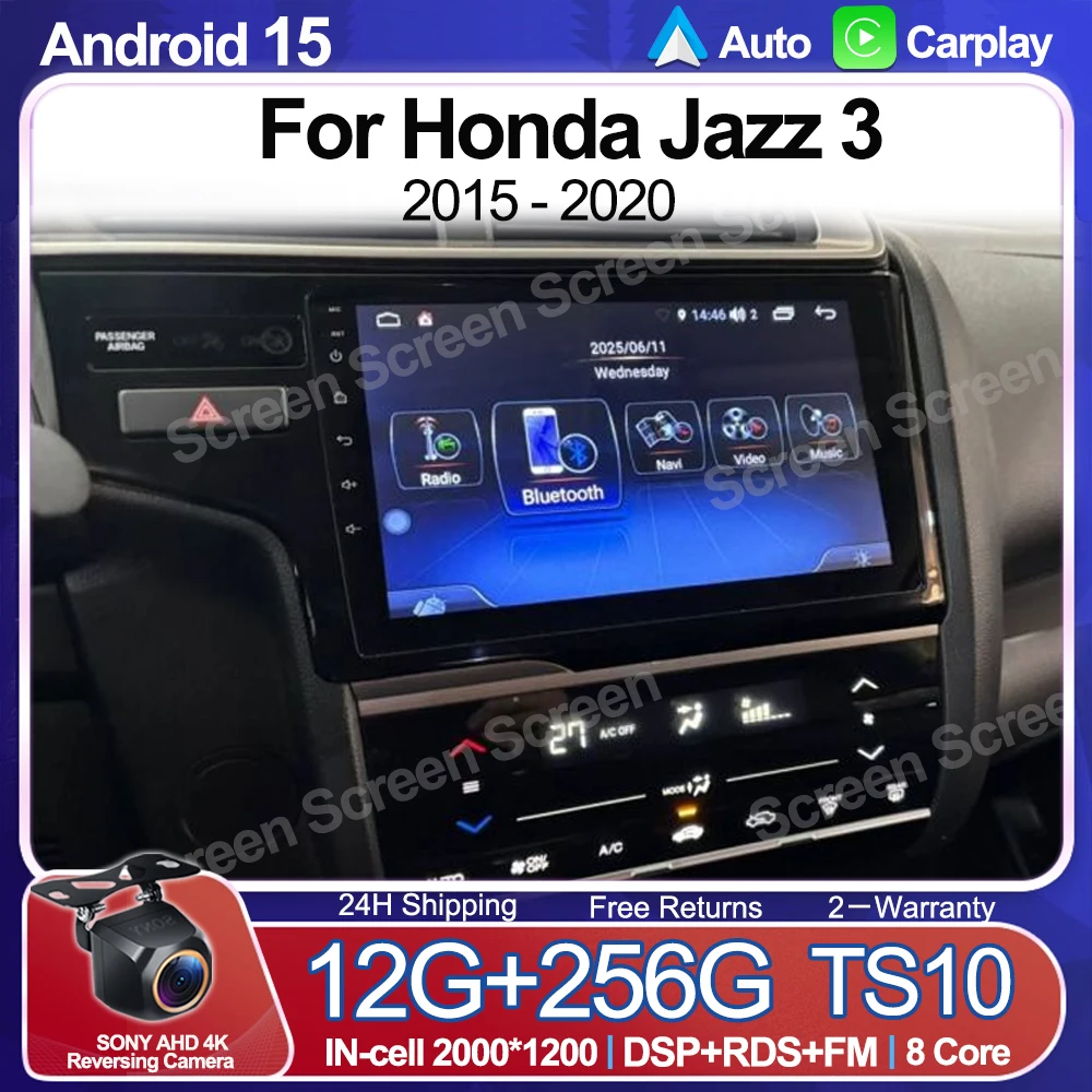 

Android 15 For Honda Jazz 3 2015 - 2020 Fit 3 GP GK 2013-2020 Car Radio Carplay Auto GPS QLED Multimedia Player Navigation WIFI