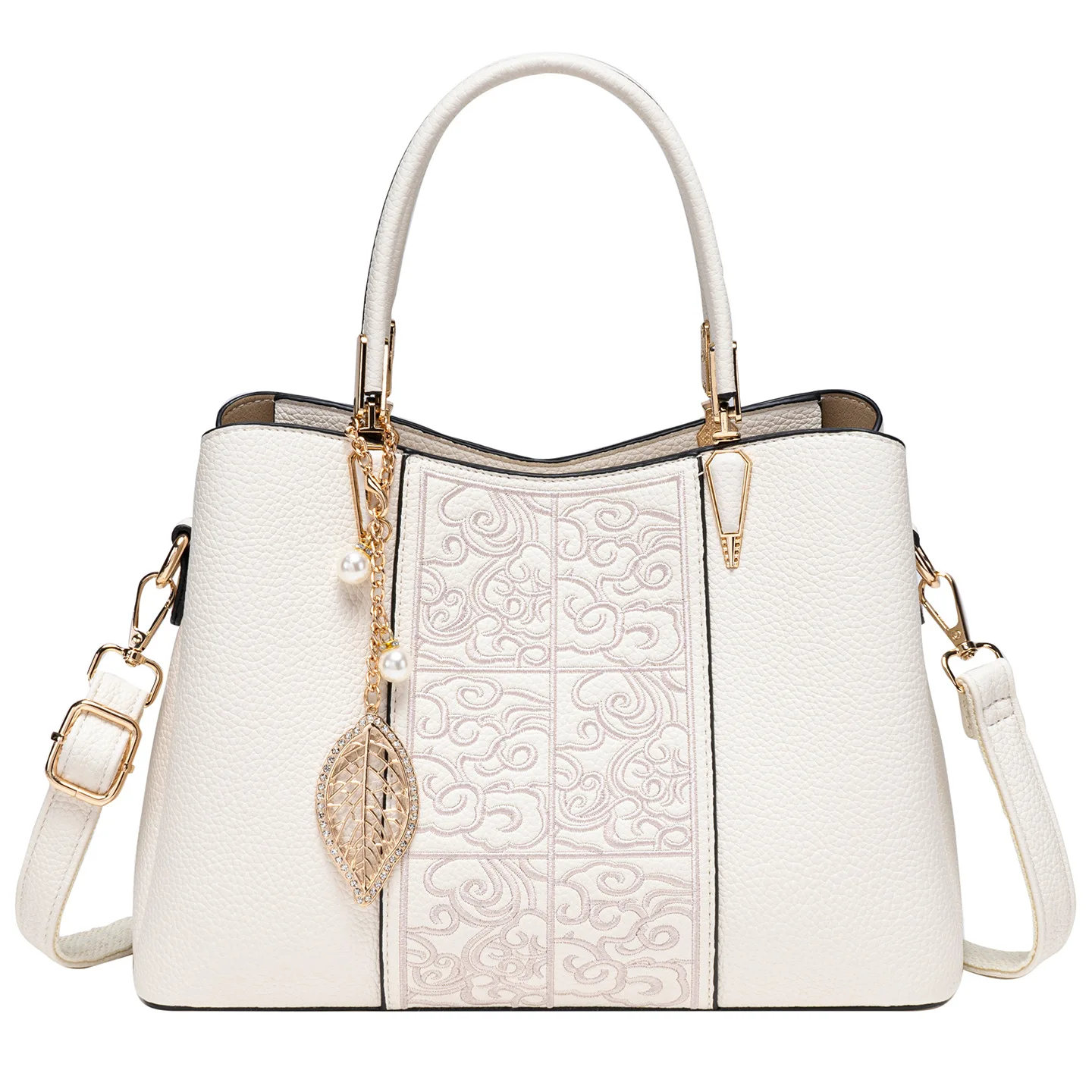 Elegant Embroidery Top Handle Handbag For Women Leaf Pearl Pendant Adjustable Strap Business Casual Crossbody Tote Bag
