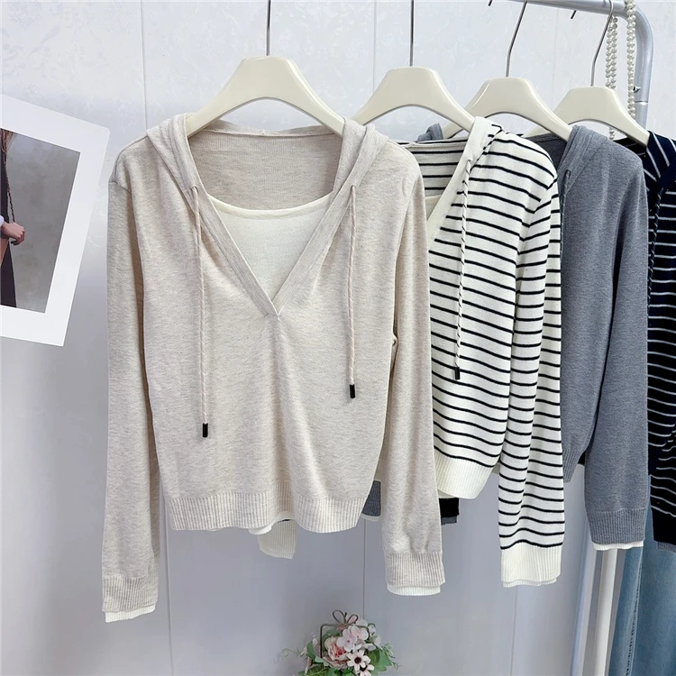 Casual Sle Farbe Blo Gestreiften Kapuzen Gestrickte Pullover frauen Lose Fit ort Top Faionable Herbst Neue Ankunft
