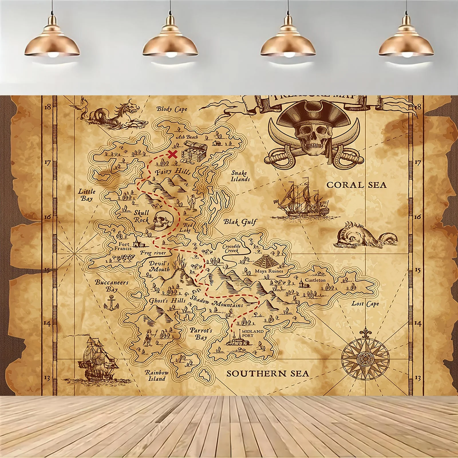 Pirate Treasure Map Background - Multi-functional party decoration suitable for theme events and game rooms, polyester fabric