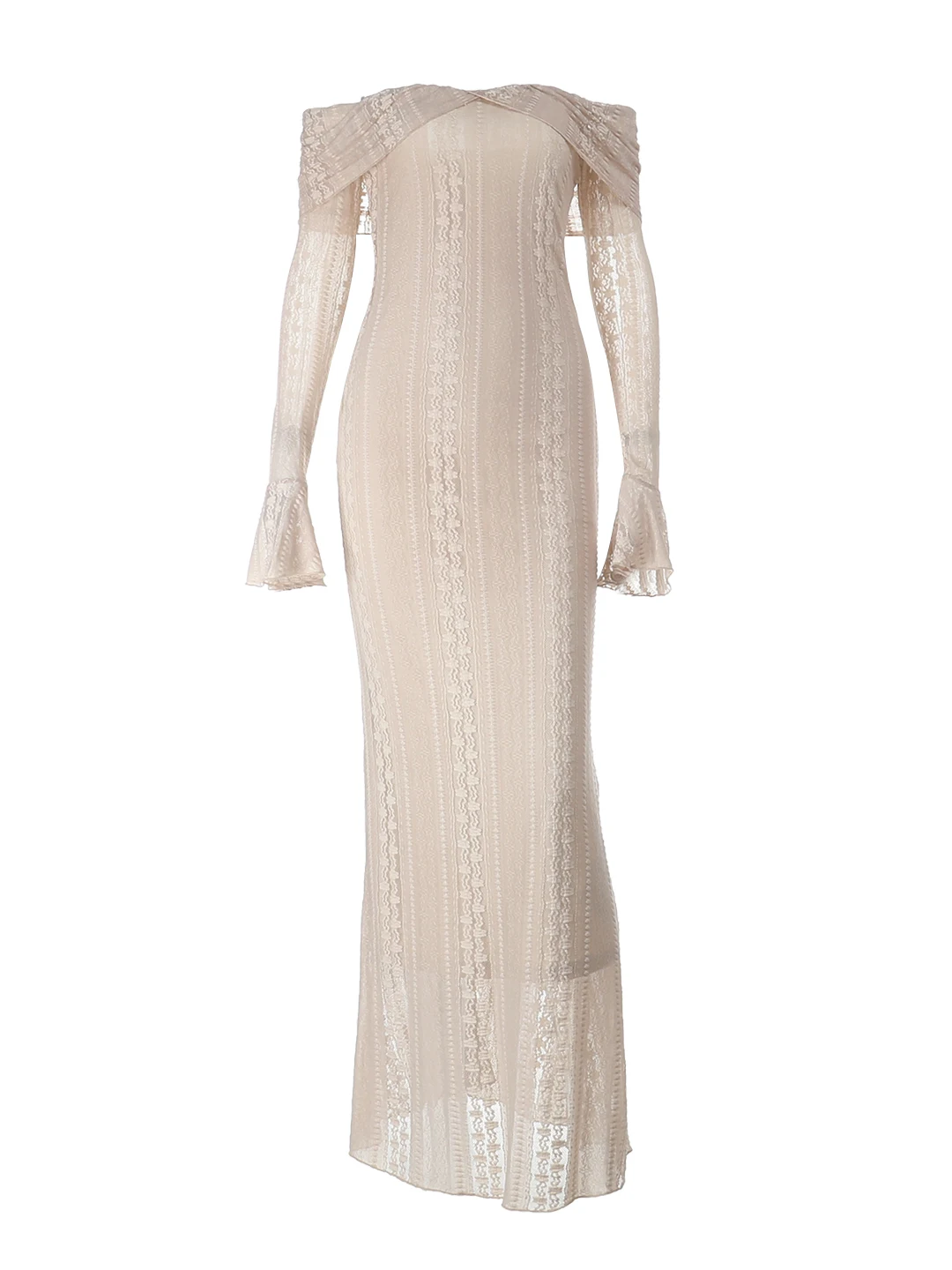 خمر الجوف خارج الدانتيل تقسم البيج فستان ماكسي المرأة الخريف مائل الرقبة مضيئة كم ثوب مسائي شيك حفلة موسيقية Vestidos رداء