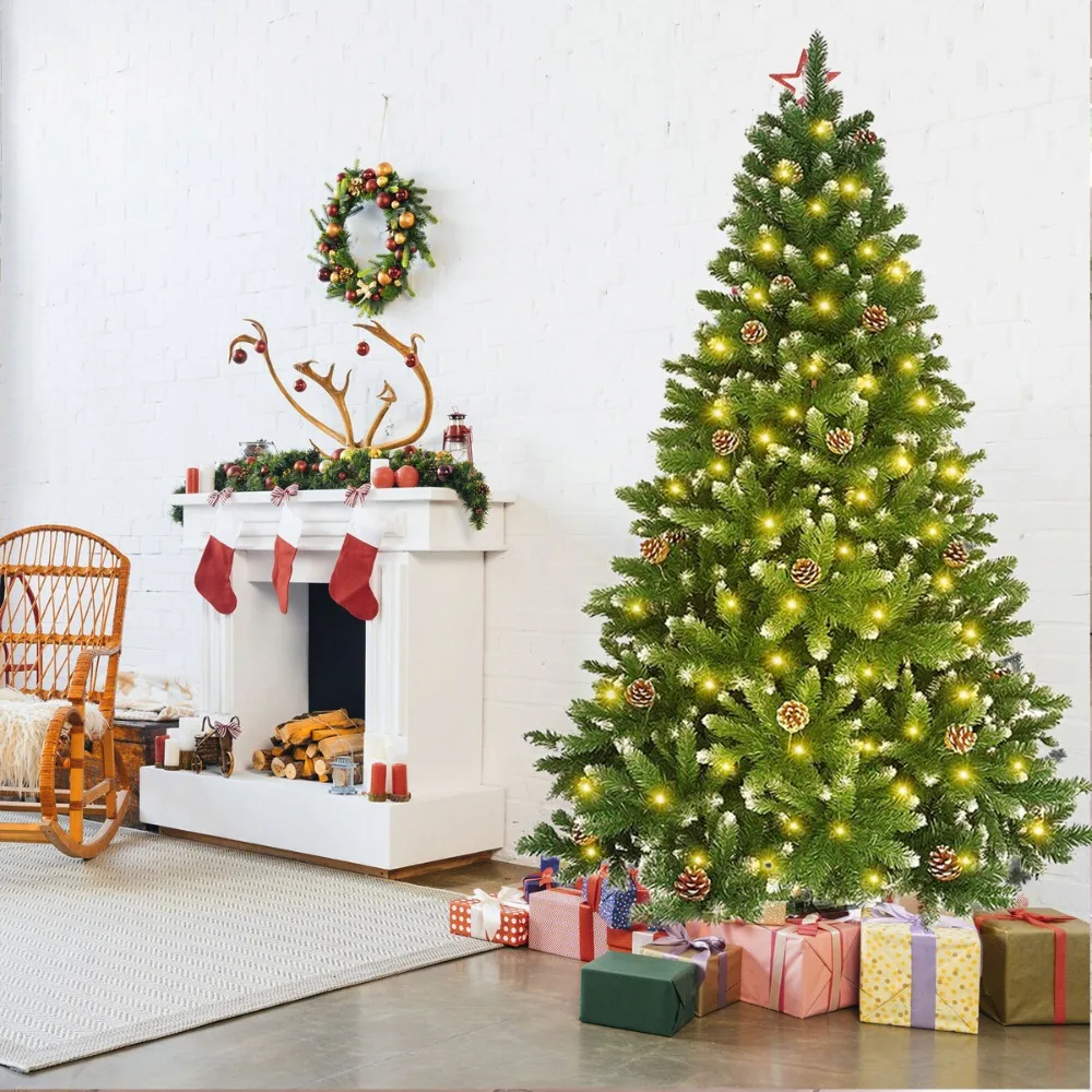 شجرة عيد الميلاد الاصطناعية 4/5/6/7Ft مع أضواء LED الثلوج توافدوا الصنوبر المخروط عيد الميلاد