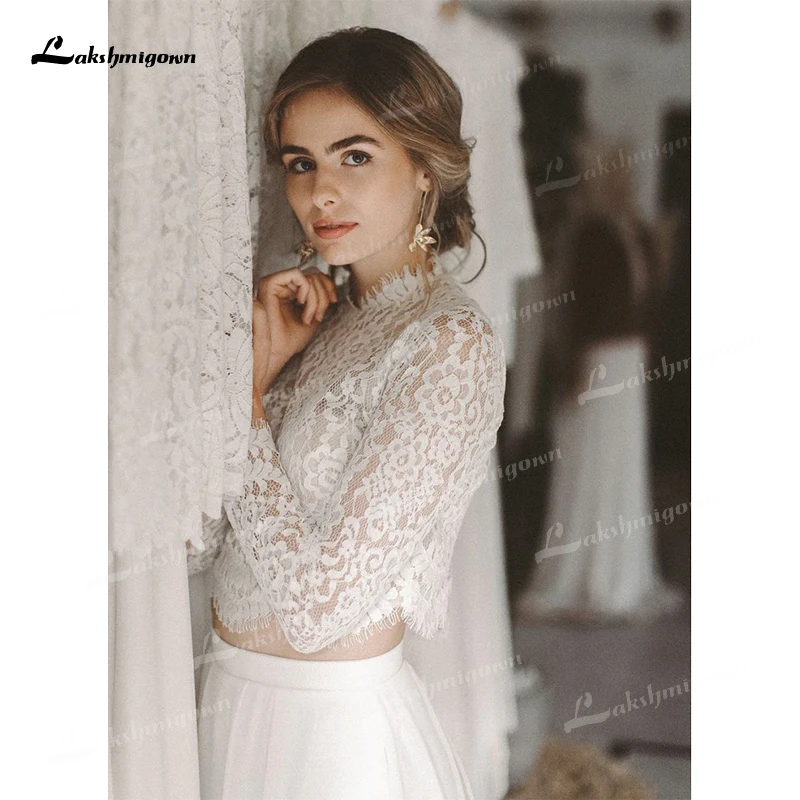 Boho-Robe de Mariée en Mousseline de Soie, Simple, Col Haut, Sexy, Dos aux, lèvent, Dentelle, Top Court, Combinaison, Personnalisé, Manches sulf, Cape Complète, Éducatif