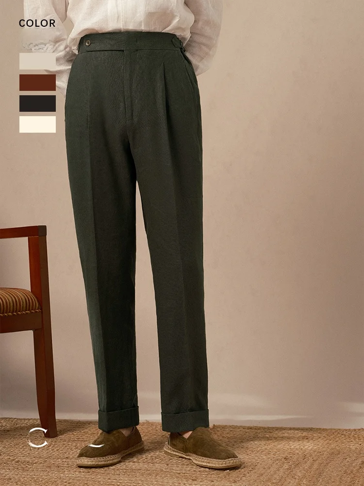 

CULTUM Italian Sle Naples Single Pleat High Waist Straight Leg Paris Bule Men's Casual Pants Linen 00% Spring Busin C...
