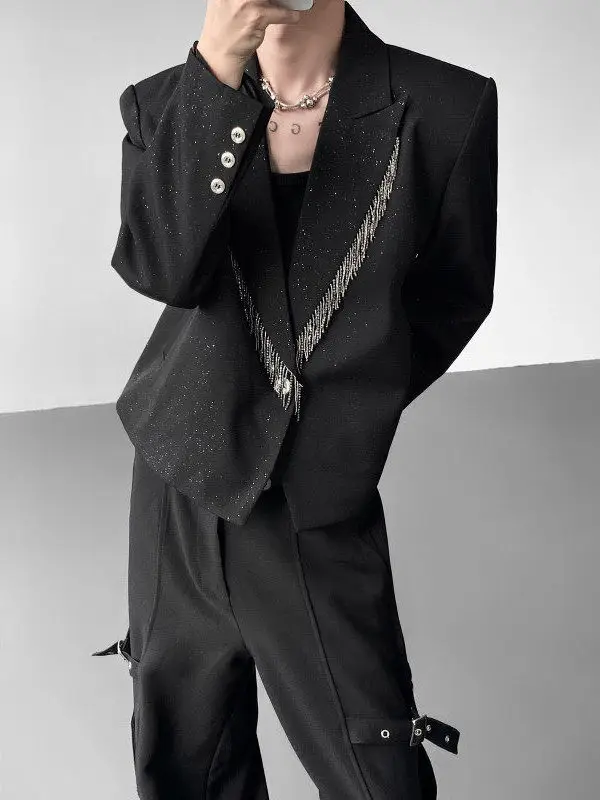 

Мужской пиджак с металлической бахромой, блестящий, роскошный, модный, повседневный, из полиэфирного волокна, приталенный крой, на все сезоны