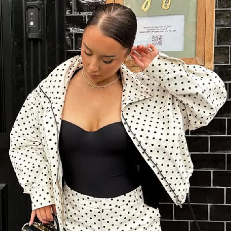 HXAO 2026 Damska kurtka w grochy, oversize, zapinana na zamek, plus size, z długim rękawem, nowości w kategorii płaszcze i kurtki, krótka odzież wierzchnia na zewnątrz