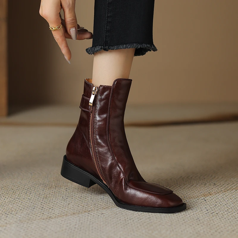 2024 New Autumn Women Boots Square Toe Low Heel Women Shoes Genuine Leather Retro Brown Ankle Boots Block Retro Leather Boots