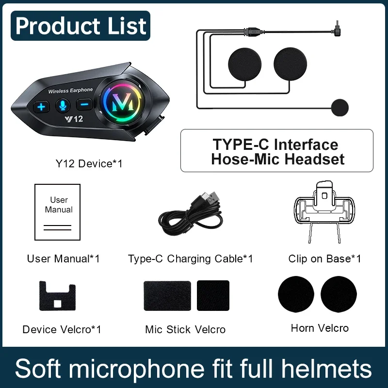 Y12 Bluetooth 5.4 Motorradhelm-Headset Stereo Sprachsteuerung Freisprechfunktion Wasserdicht 500mAh Mit Umgebungslicht