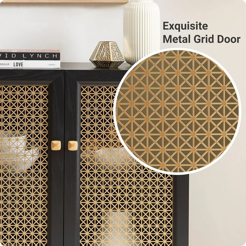 بوفيه خزانة جانبية للتخزين باللون الأسود مع أبواب شبكية معدنية، وخزانة وحدة تحكم متعددة الوظائف لغرفة المعيشة، وتناول الطعام