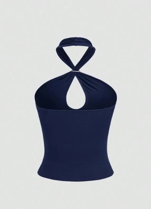 

Summer Gold Buckle Hanging Neck Hollow Vest Ultra-Short Top for Women Sexy Pure inside Design Fashionable Casual Wear