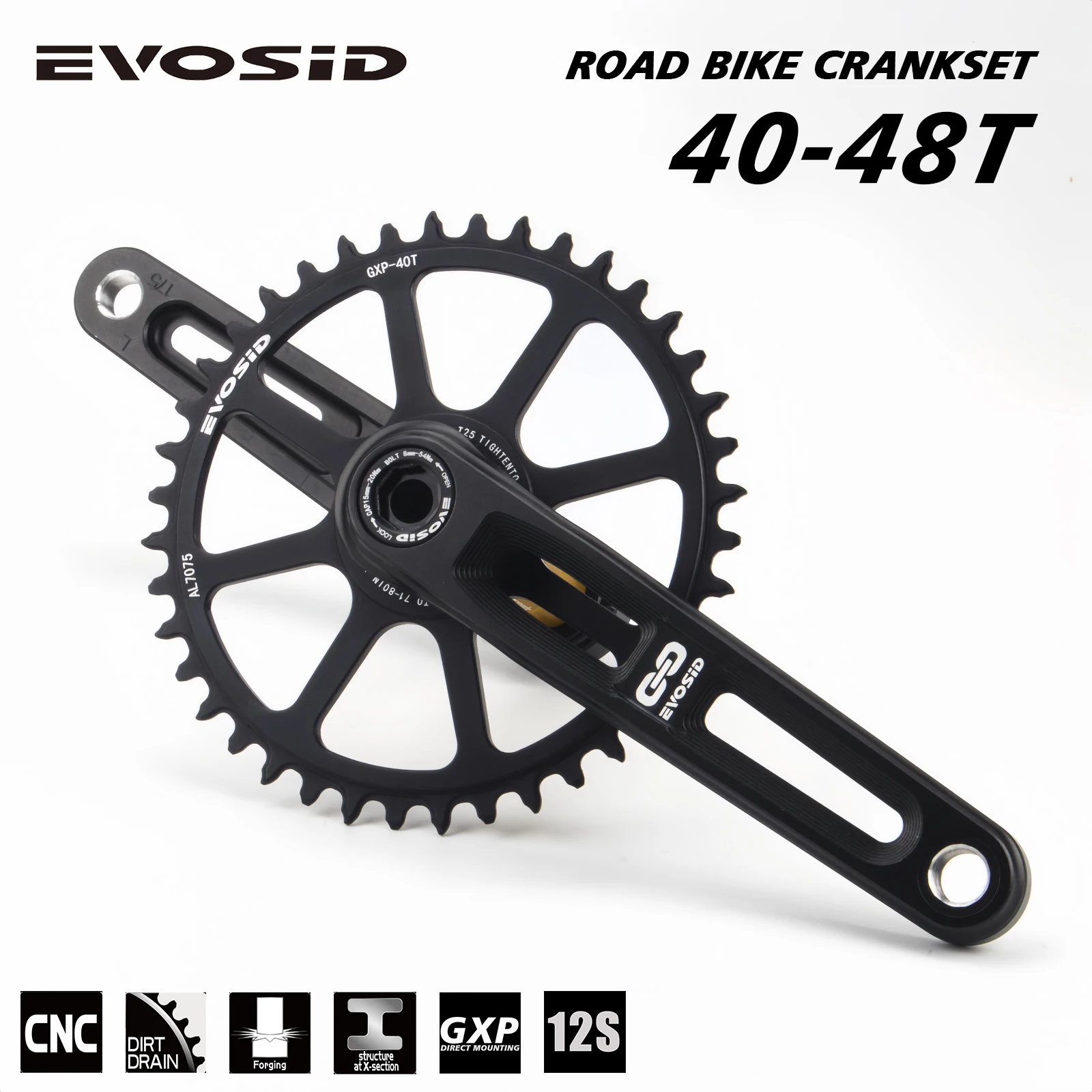 EVOSID 12s Ultralight Road Crankset 40 42 44T Single Chainring Hollow Tech Crank CNC 165mm with Bracket for Folding Bike