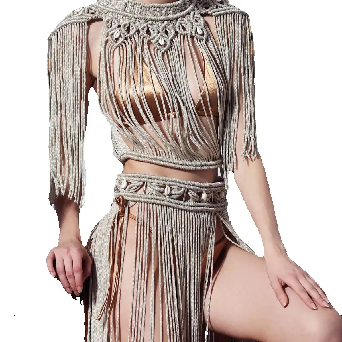 

Hand woven tassel skirt, women's sexy long skirt set, beach vacation party clothing