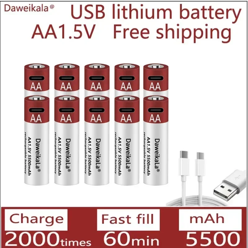 Nueva batería de iones de litio recargable AA USB 1,5 V AA 5500mAh/batería de iones de litio reloj de juguete reproductor MP3 termómetro teclado