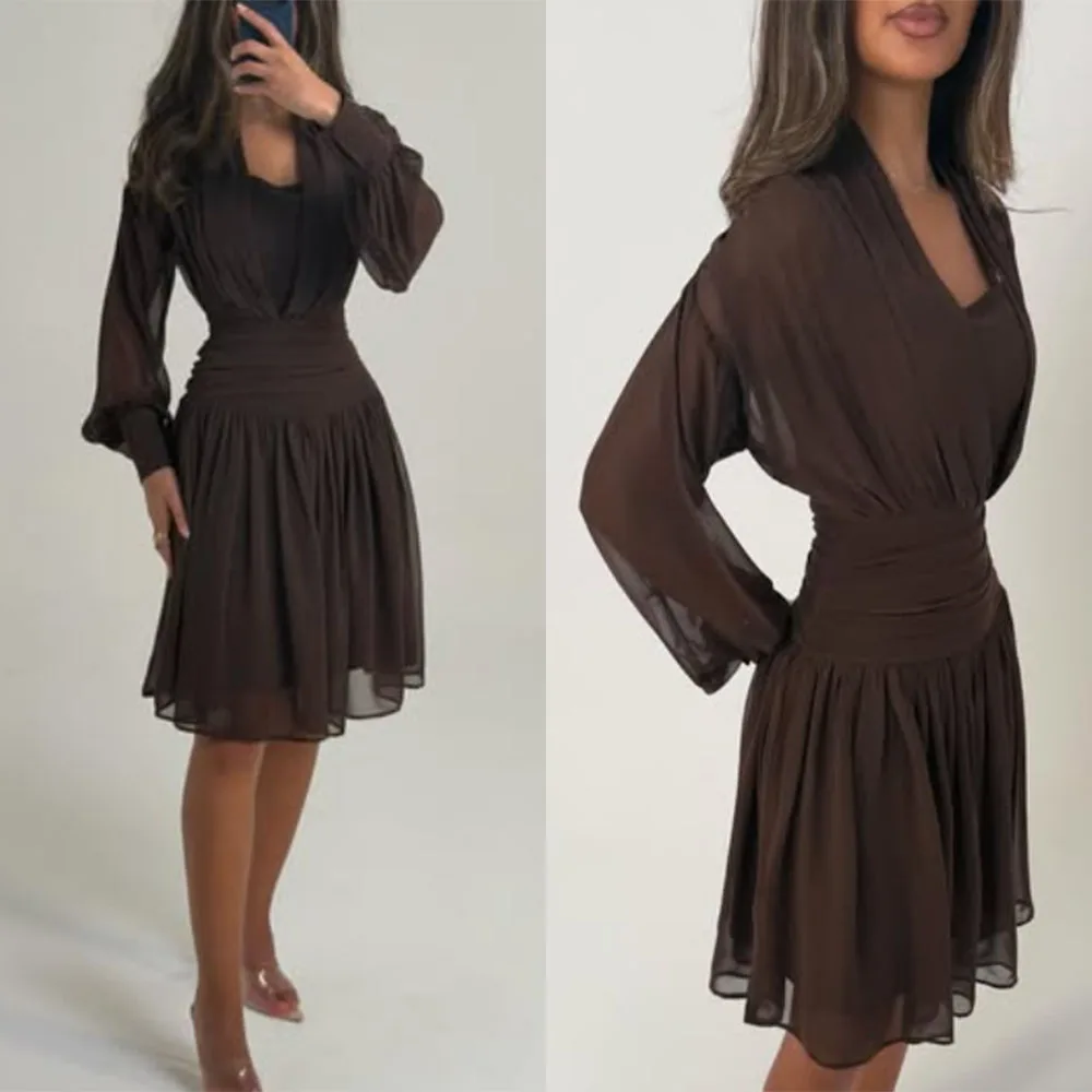 

High Quality Customized Full Sleeves Knee Length Brown Tulle Vestidos De Fiesta Para Bodas Luxury Evening Dress فساتين السهرة