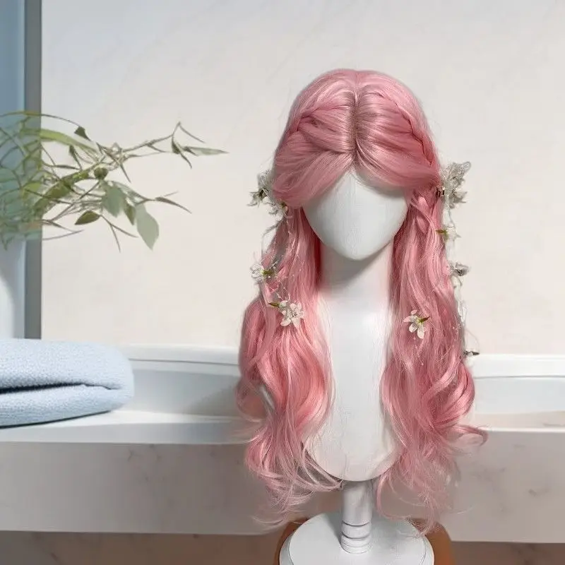 ‌ Perruque Lolita rose clair-cheveux bouclés volumineux avec partie centrale, bonnet complet synthétique d'aspect naturel, accessoires de Cosplay Kawaii
