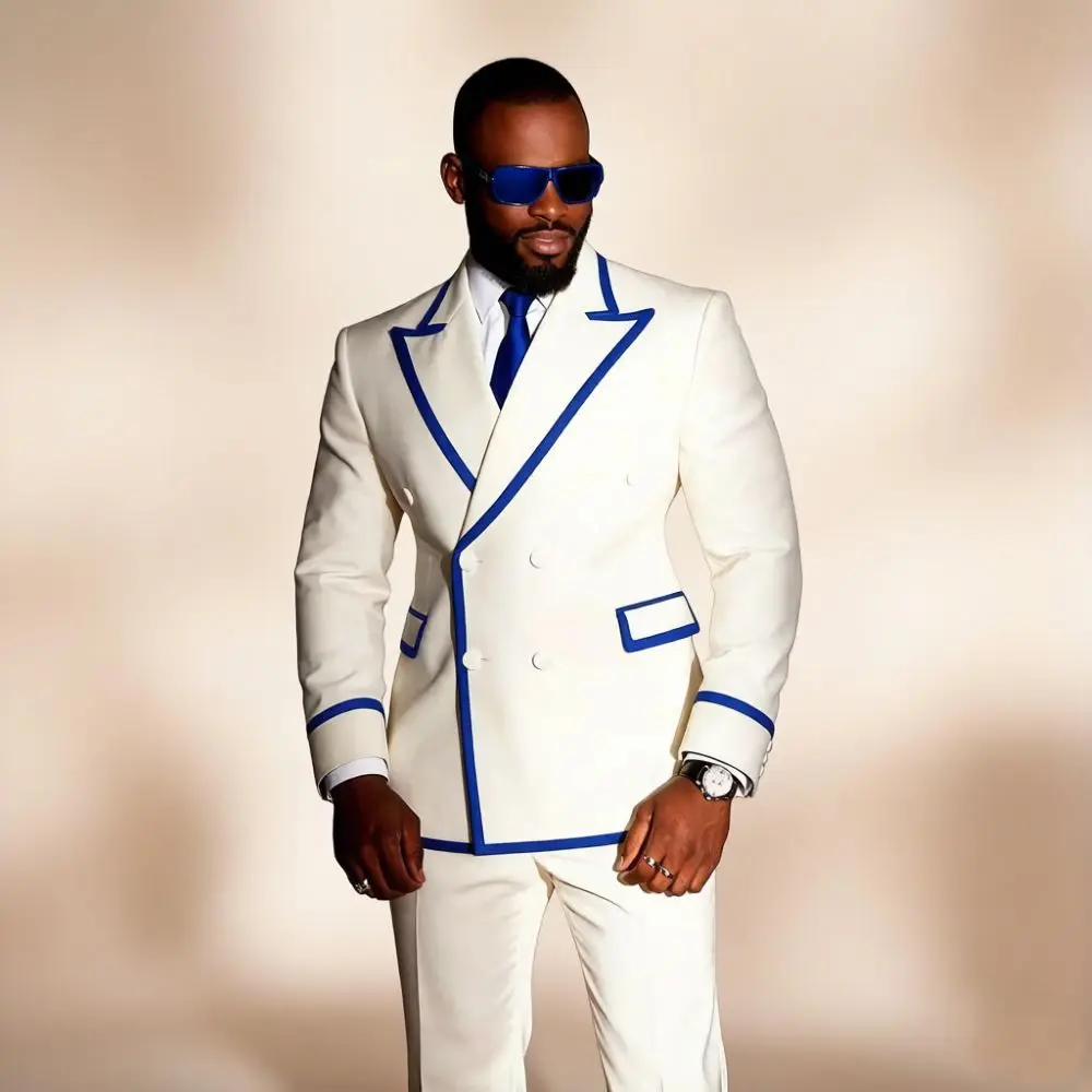 White Double Breasted Men Suits 2 Piece Luxury Wedding Tuxedo Peak Lapel Trim Formal Stylish Look Party Celebratio