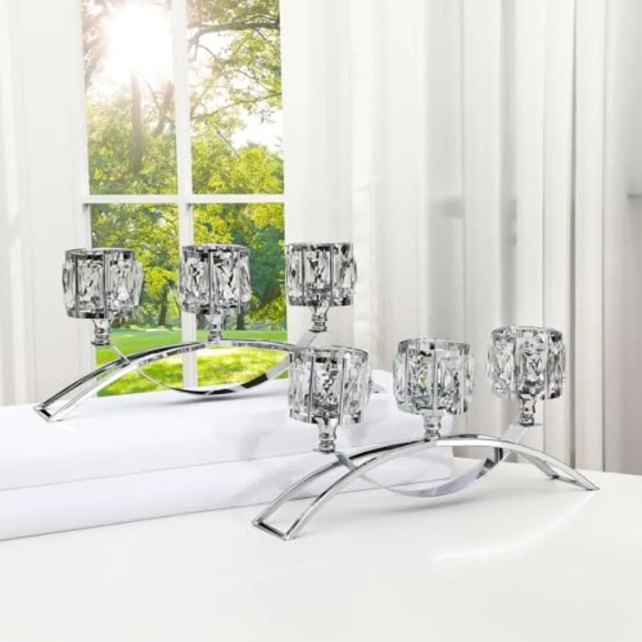 

2 Set Crystal Bowl Tealight Candelabra Votive Candle Holders 3 Arms Arch Sliver Crystal Candlestick Centerpieces for Tables Tea
